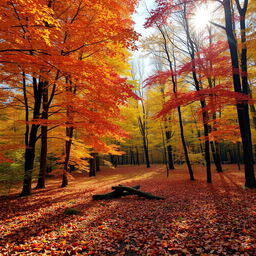 A beautiful autumn forest landscape at the start of the fall season, where trees are adorned with vibrant hues of orange, red, and yellow leaves