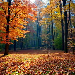 A beautiful autumn forest landscape at the start of the fall season, where trees are adorned with vibrant hues of orange, red, and yellow leaves