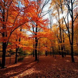 A beautiful autumn forest landscape at the start of the fall season, where trees are adorned with vibrant hues of orange, red, and yellow leaves