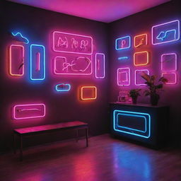 A vibrant and creative scene that showcases an arrangement of neon lights in various shapes and colors.