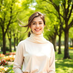 A beautiful 28-year-old brunette smiling sweetly in a park