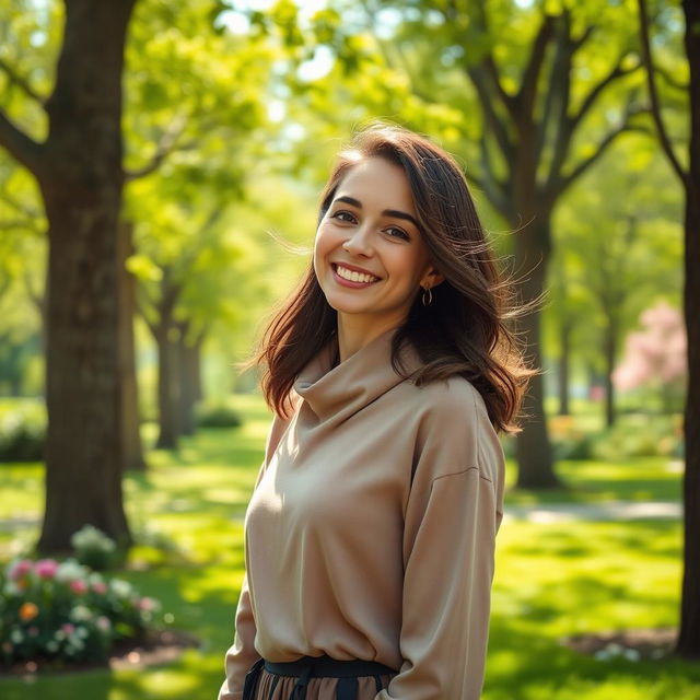 A beautiful 28-year-old brunette smiling sweetly in a park