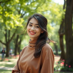 A beautiful 28-year-old brunette smiling sweetly in a park