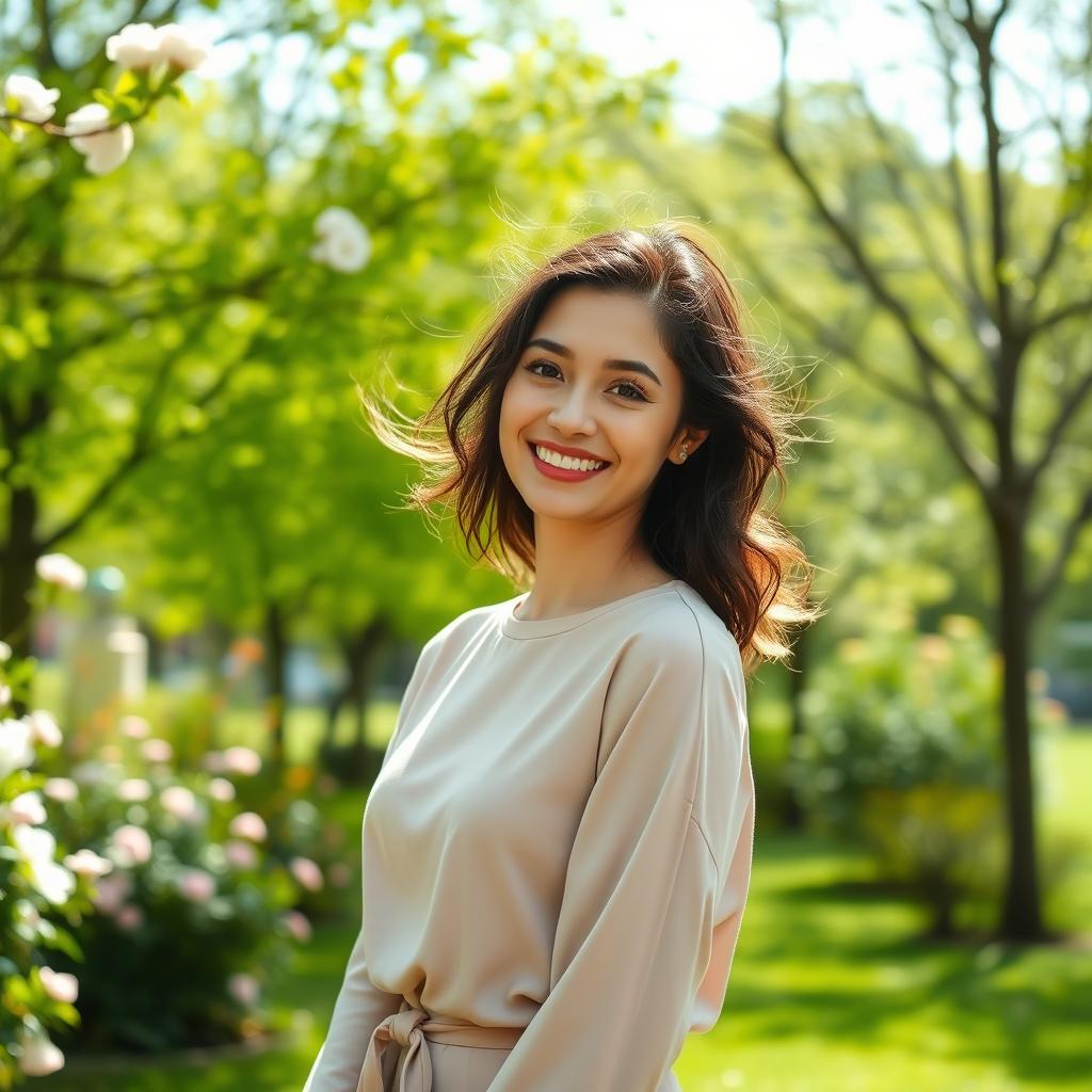 A beautiful 28-year-old brunette smiling sweetly in a park