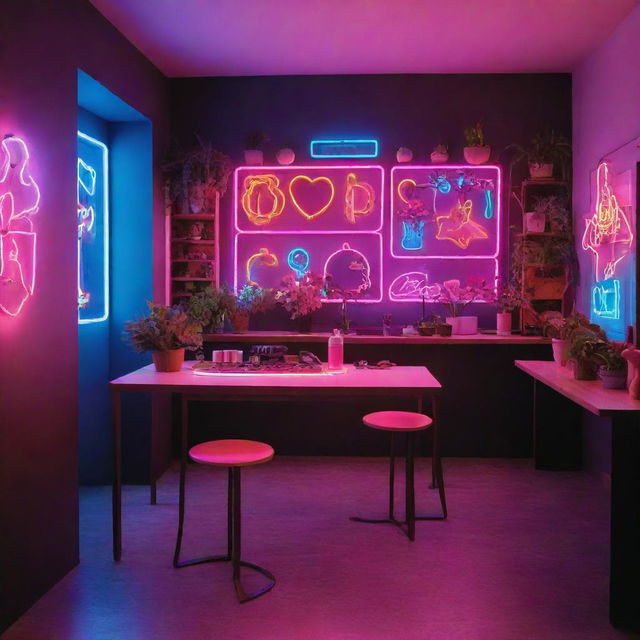 A vibrant and creative scene that showcases an arrangement of neon lights in various shapes and colors.