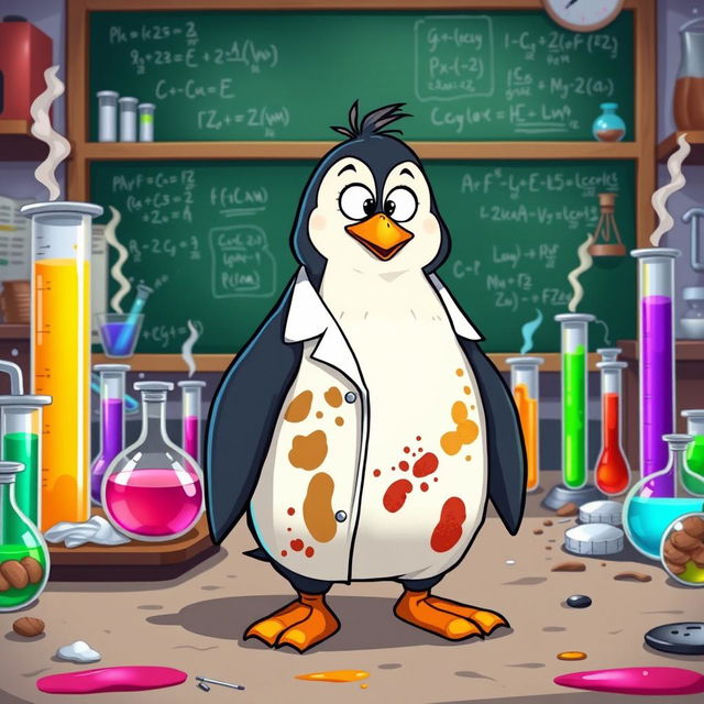 A cartoon penguin wearing a stained and dirty lab uniform, complete with a lab coat that has several visible smudges and spills