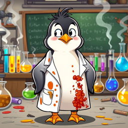 A cartoon penguin wearing a stained and dirty lab uniform, complete with a lab coat that has several visible smudges and spills