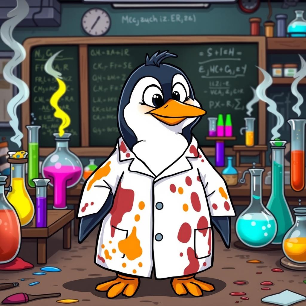 A cartoon penguin wearing a stained and dirty lab uniform, complete with a lab coat that has several visible smudges and spills