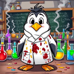 A cartoon penguin wearing a stained and dirty lab uniform, complete with a lab coat that has several visible smudges and spills