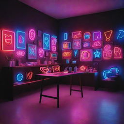 A vibrant and creative scene that showcases an arrangement of neon lights in various shapes and colors.