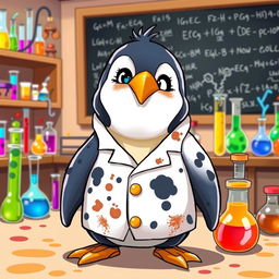 A cartoon penguin wearing a lab uniform adorned with black spots, showing visible dirt and stains, especially on the lab coat