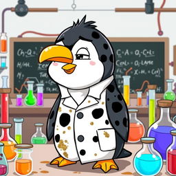 A cartoon penguin wearing a lab uniform adorned with black spots, showing visible dirt and stains, especially on the lab coat