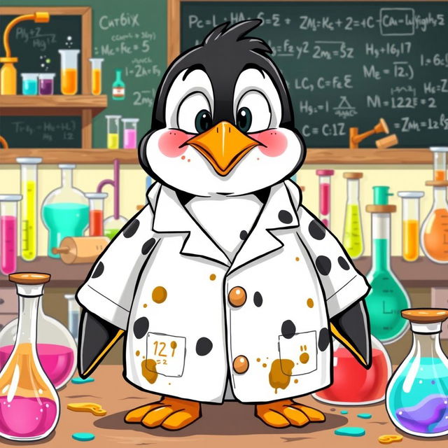 A cartoon penguin wearing a lab uniform adorned with black spots, showing visible dirt and stains, especially on the lab coat