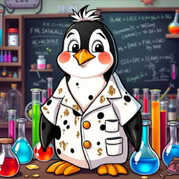 A cartoon penguin wearing a lab uniform adorned with black spots, showing visible dirt and stains, especially on the lab coat