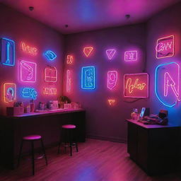 A vibrant and creative scene that showcases an arrangement of neon lights in various shapes and colors.