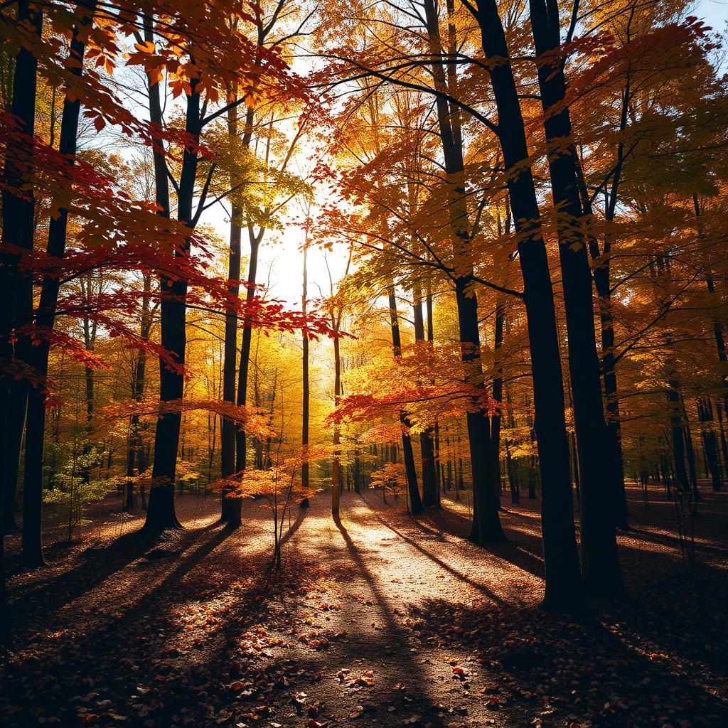 A breathtaking autumn forest scene at the very beginning of the fall season