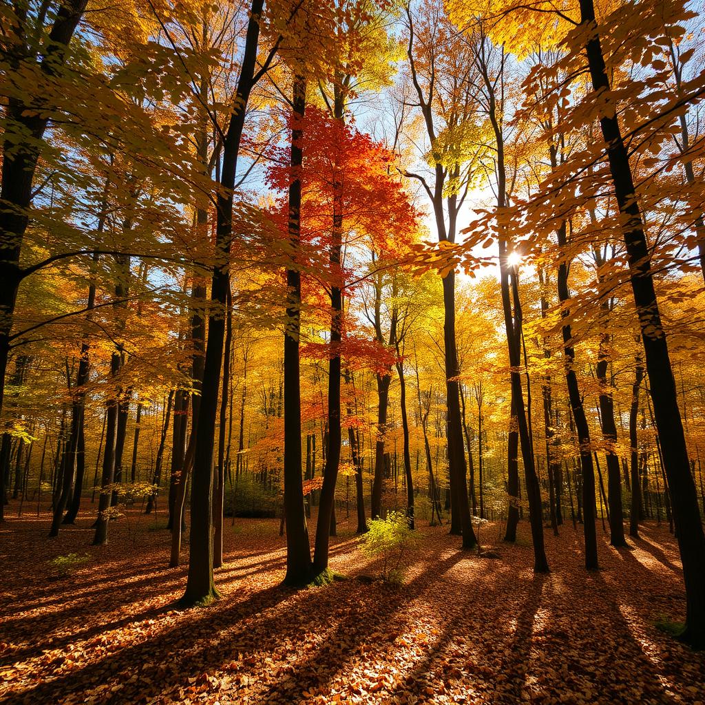 A breathtaking autumn forest scene at the very beginning of the fall season