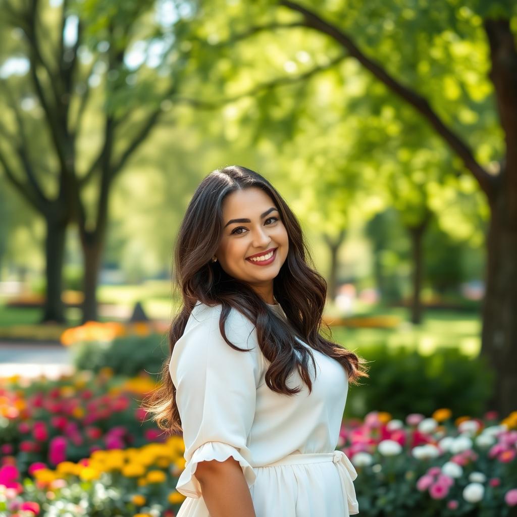 A beautiful 28-year-old brunette woman with a curvy yet fit figure, smiling sweetly in a park