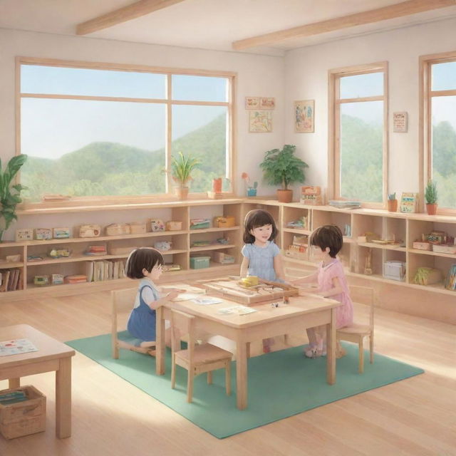 An endearing anime style illustration featuring a Montessori classroom with happy children learning and playing. The room should be filled with educational tools, natural materials, and cheerful colors.