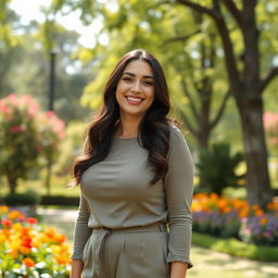 A slender and beautiful 28-year-old brunette woman with a curvy figure, smiling sweetly in a park