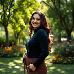 A slender and beautiful 28-year-old brunette woman with a curvy figure, smiling sweetly in a park