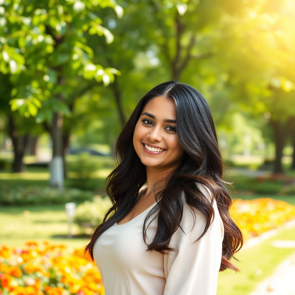 A slender and beautiful 28-year-old brunette woman with a curvy figure, smiling sweetly in a park