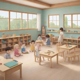 An endearing anime style illustration featuring a Montessori classroom with happy children learning and playing. The room should be filled with educational tools, natural materials, and cheerful colors.