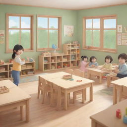 An endearing anime style illustration featuring a Montessori classroom with happy children learning and playing. The room should be filled with educational tools, natural materials, and cheerful colors.