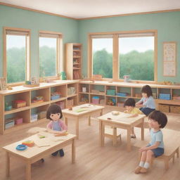 An endearing anime style illustration featuring a Montessori classroom with happy children learning and playing. The room should be filled with educational tools, natural materials, and cheerful colors.