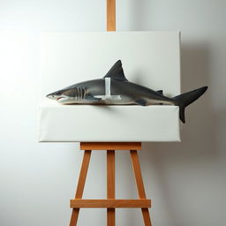 A raw photography of a blank artist's canvas featuring a large shark peacefully sleeping on top