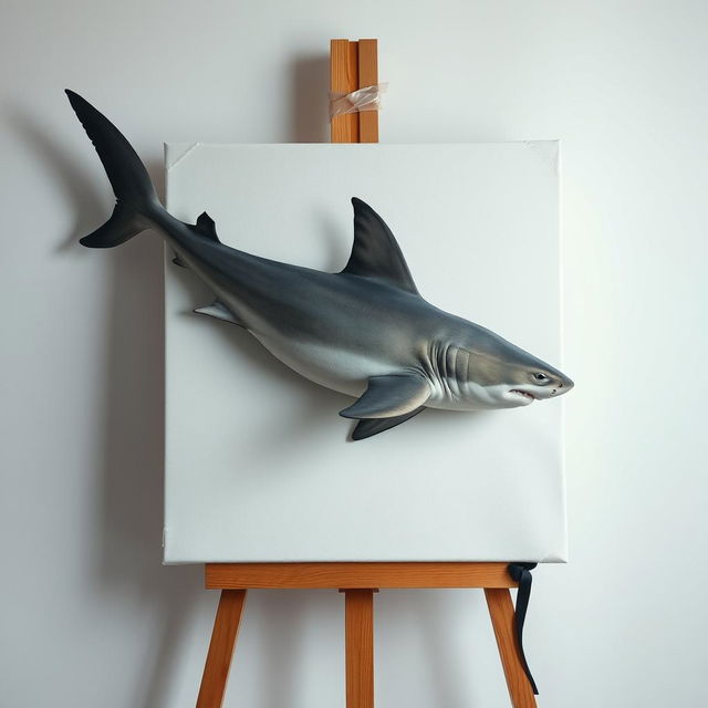 A raw photography of a blank artist's canvas featuring a large shark peacefully sleeping on top