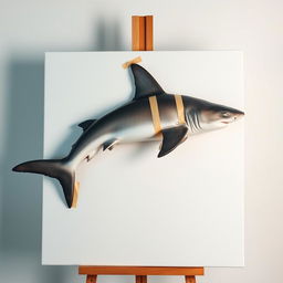 A raw photography of a blank artist's canvas featuring a large shark peacefully sleeping on top