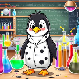 A cartoon penguin wearing a lab uniform that features only black spots, giving it a dirty and disheveled look