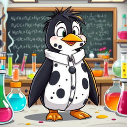 A cartoon penguin wearing a lab uniform that features only black spots, giving it a dirty and disheveled look