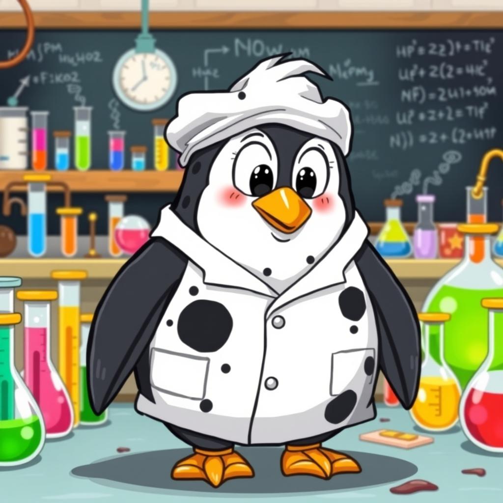 A cartoon penguin wearing a lab uniform that features only black spots, giving it a dirty and disheveled look