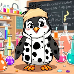 A cartoon penguin wearing a lab uniform that features only black spots, giving it a dirty and disheveled look