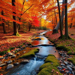 A picturesque small creek winding through a delightful autumn forest