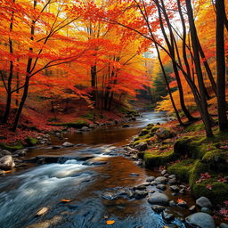 A picturesque small creek winding through a delightful autumn forest