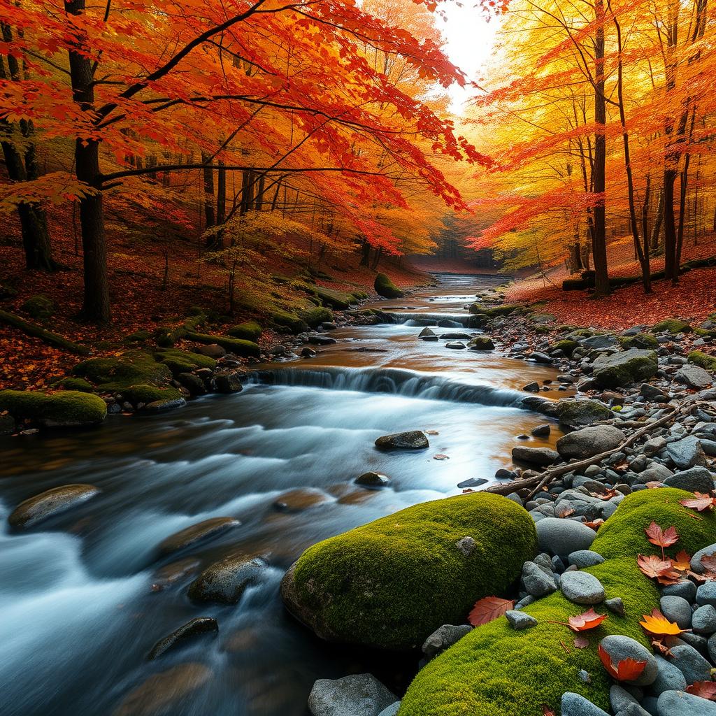 A picturesque small creek winding through a delightful autumn forest