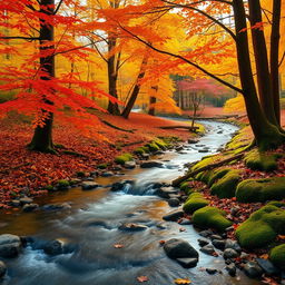 A picturesque small creek winding through a delightful autumn forest