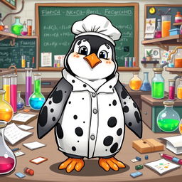 A cartoon penguin wearing a laboratory uniform that is noticeably dirty, featuring black spots all over, including the sleeves