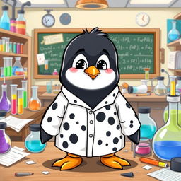 A cartoon penguin wearing a laboratory uniform that is noticeably dirty, featuring black spots all over, including the sleeves