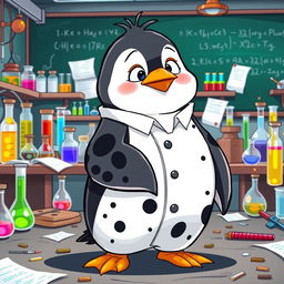 A cartoon penguin wearing a laboratory uniform that is noticeably dirty, featuring black spots all over, including the sleeves