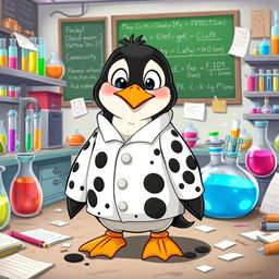 A cartoon penguin wearing a laboratory uniform that is noticeably dirty, featuring black spots all over, including the sleeves