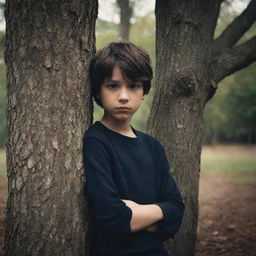 Neoclassicism-based image of a boy leaning against a tree, melded with the mood and aesthetic elements of 70s dark fantasy art. Use high variation with medium style.