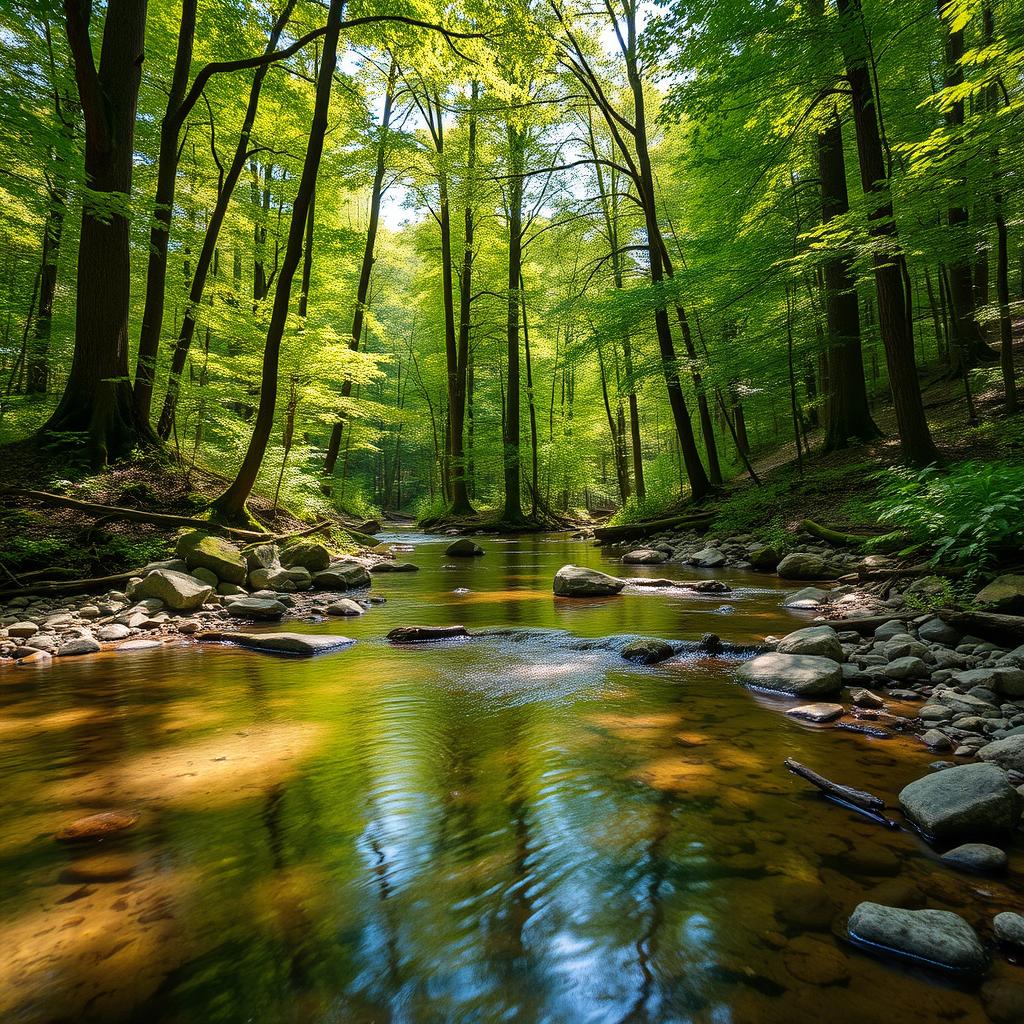 A serene small creek flowing gently through a lush, enchanting forest