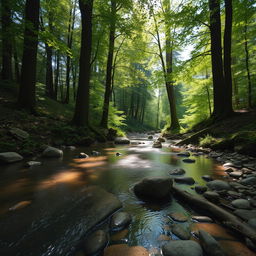 A serene small creek flowing gently through a lush, enchanting forest