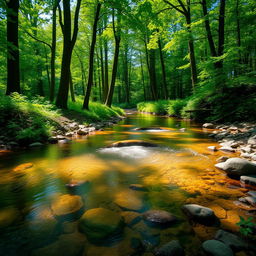 A serene small creek flowing gently through a lush, enchanting forest