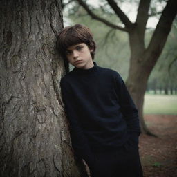 Neoclassicism-based image of a boy leaning against a tree, melded with the mood and aesthetic elements of 70s dark fantasy art. Use high variation with medium style.