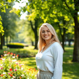 A slender, beautiful European blonde woman, 28 years old, smiling sweetly in a park